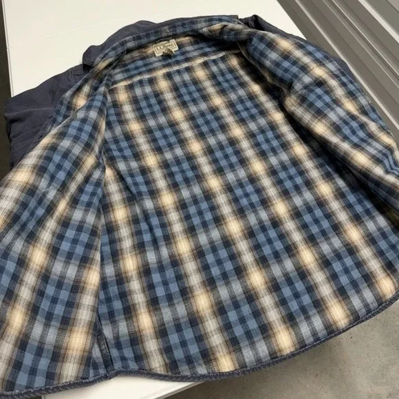 LL Bean Mens Large Flannel Lined Canvas Shirt Jacket Blue Snap Front - Picture 6 of 8